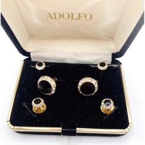 Vntg Adolfo Men’s Cufflinks and Buttons Elegant Onyx and Rhinestones Gold Tone